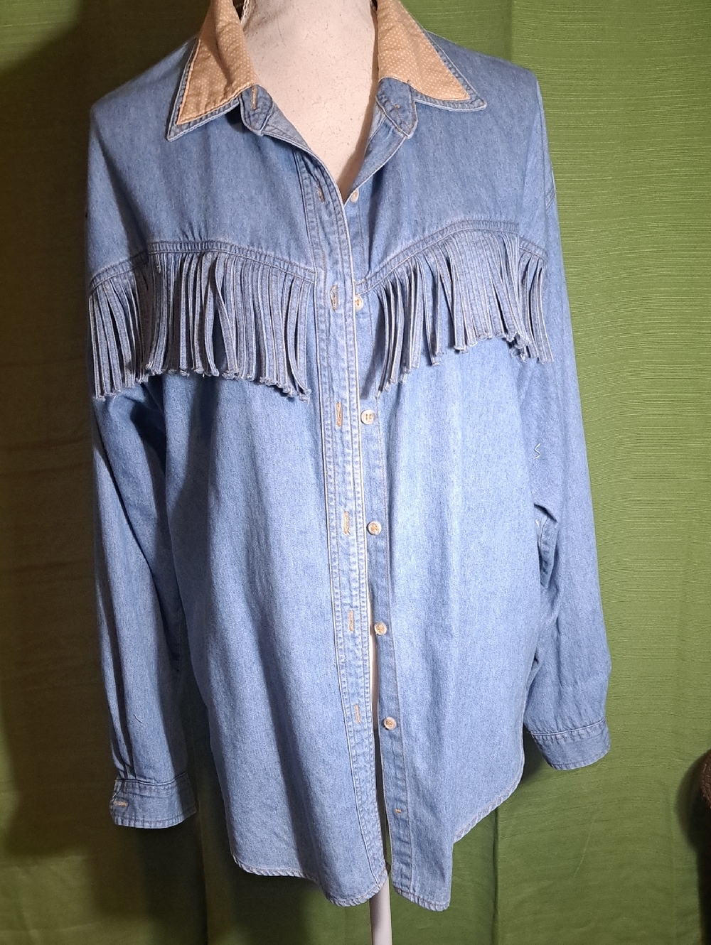 Light Wash Denim Fringe Western Shirt with Tan Collar